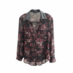 Rock & Republic Sheer Floral Blouse w Faux Leather Collar Women’s Medium